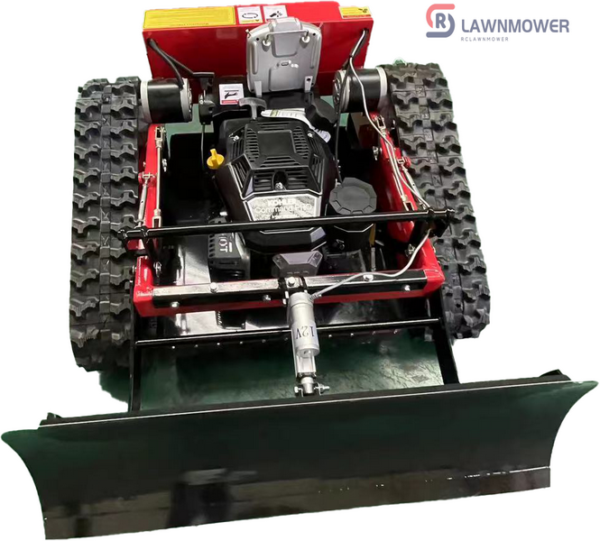 RC mower on tracks with snow blade